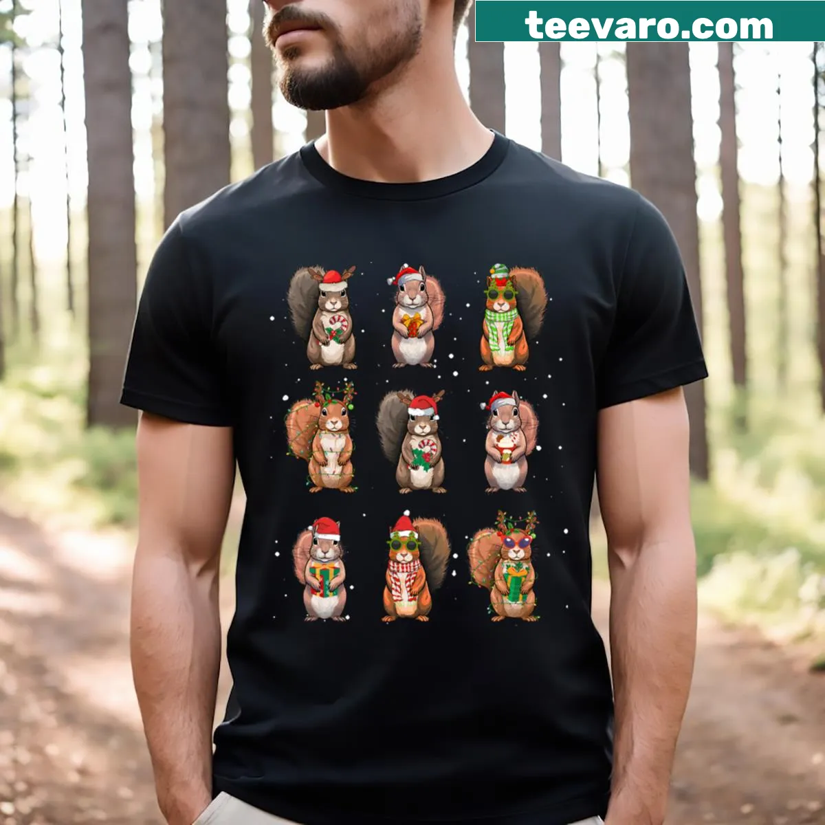 Funny Christmas t-shirt with squirrels and lights illustration — on a men's t-shirt