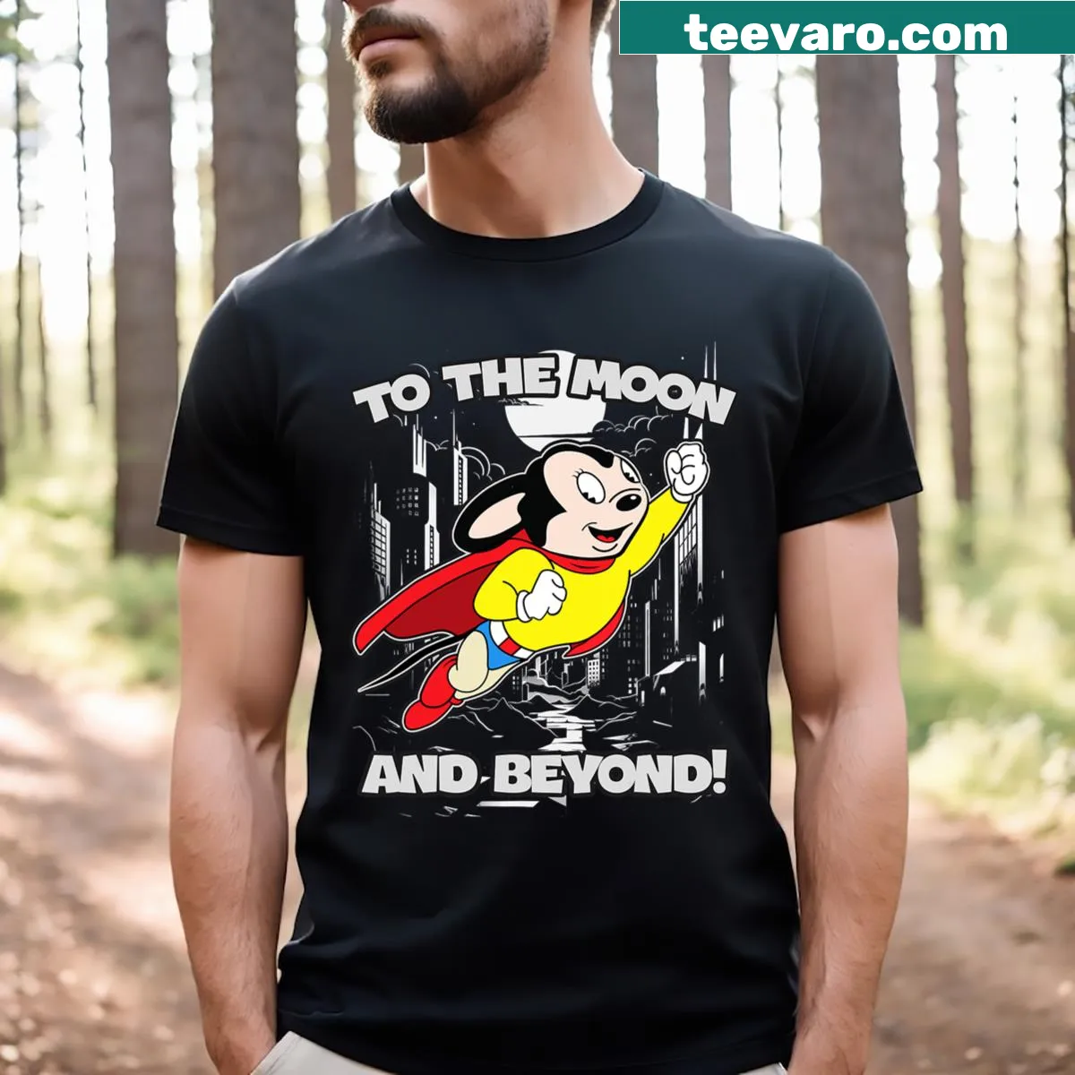 Superhero mouse flying to the moon graphic on the t-shirt. — on a men's t-shirt
