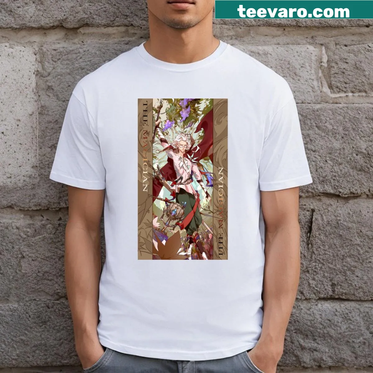 Illustrated T-shirt featuring intricate tarot card symbols — on a men's t-shirt