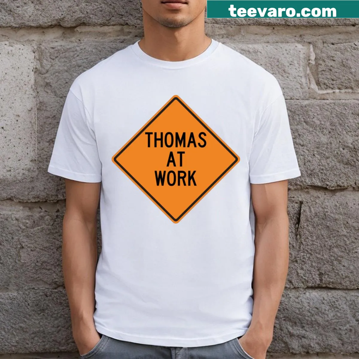 Funny T-shirt with a warning sign design for 'Thomas At Work.' — on a men's t-shirt