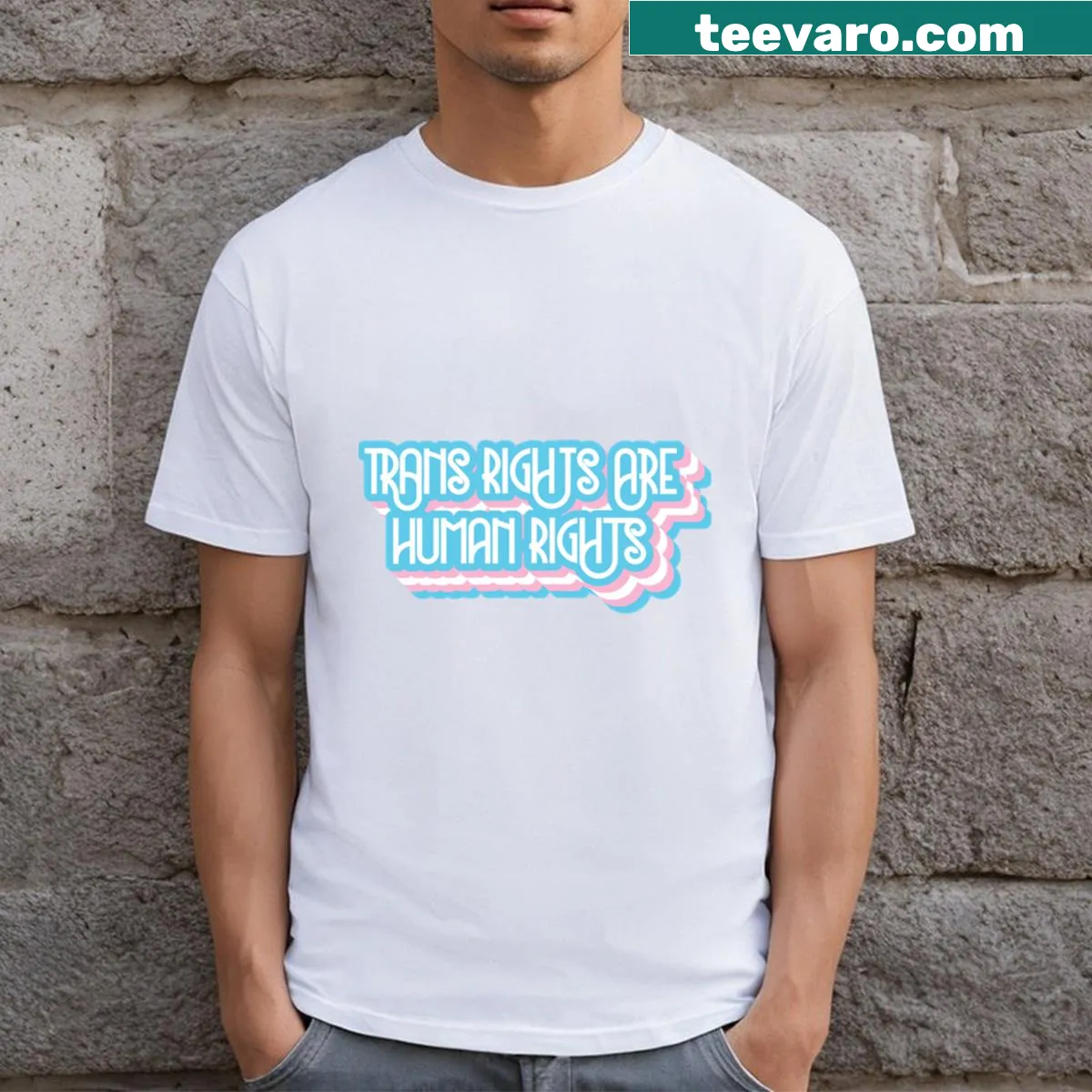 Trans Rights Are Human Rights t-shirt promoting equality and support — on a men's t-shirt