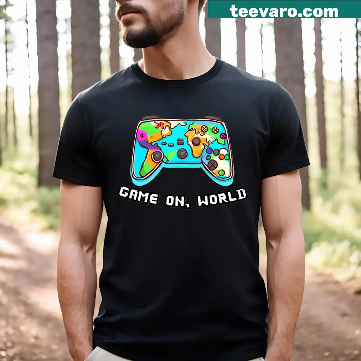 Fun travel-themed t-shirt with cartoon map and game controller — on a men's t-shirt