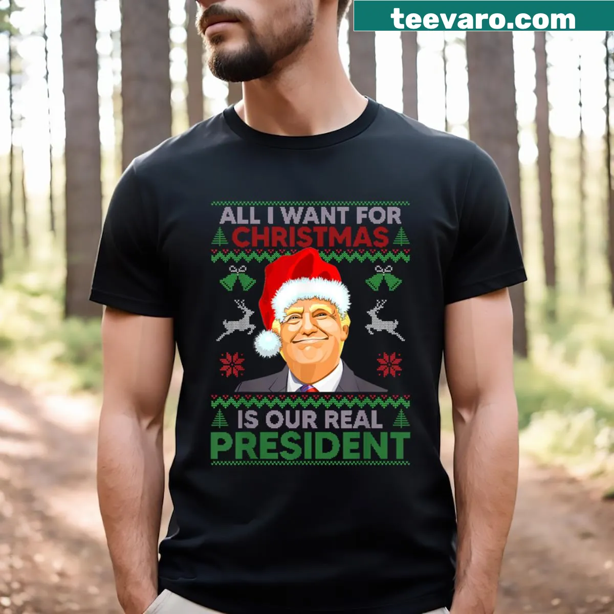 Funny Christmas t-shirt featuring Trump Claus design — on a men's t-shirt