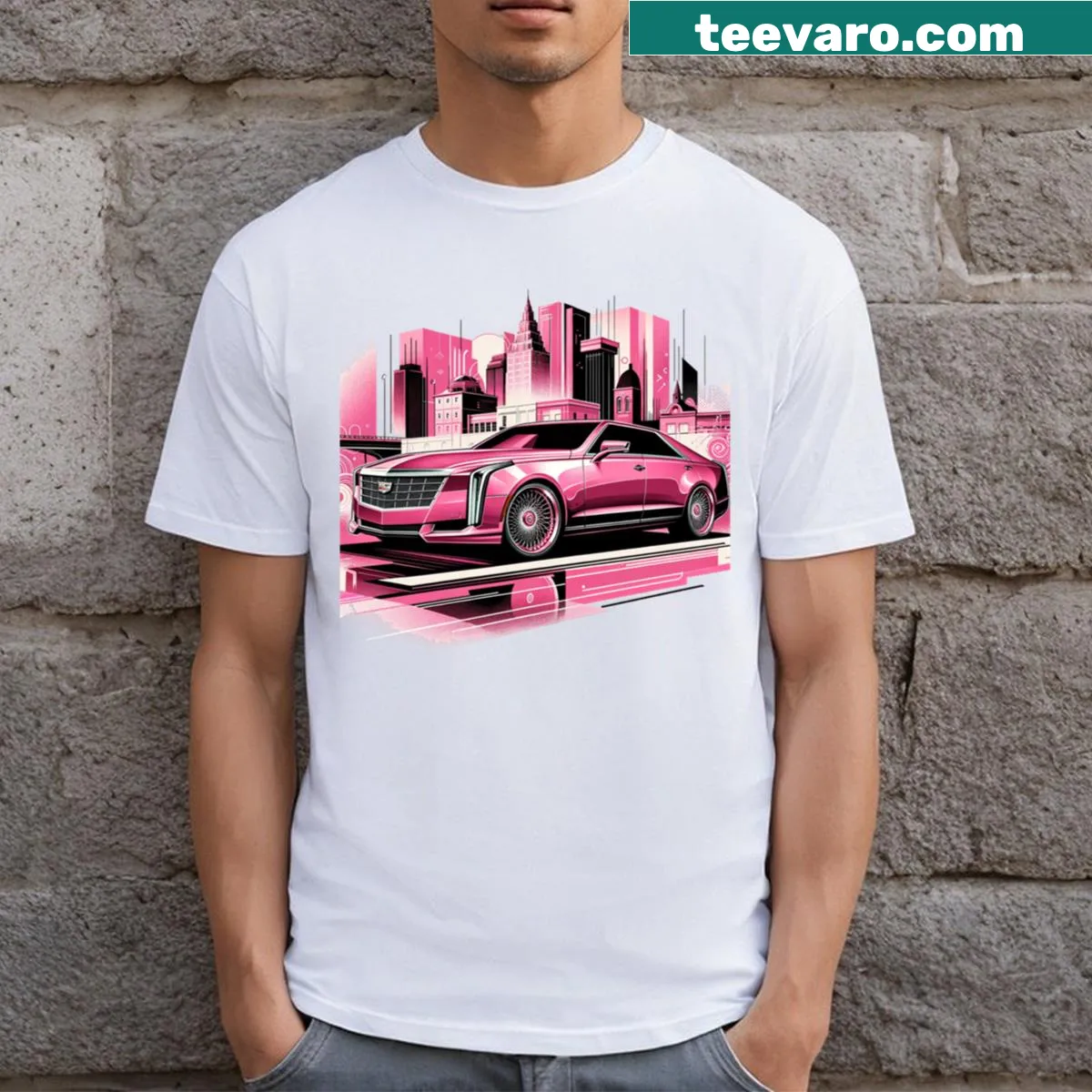 Chic illustration t-shirt featuring a pink Cadillac design — on a men's t-shirt