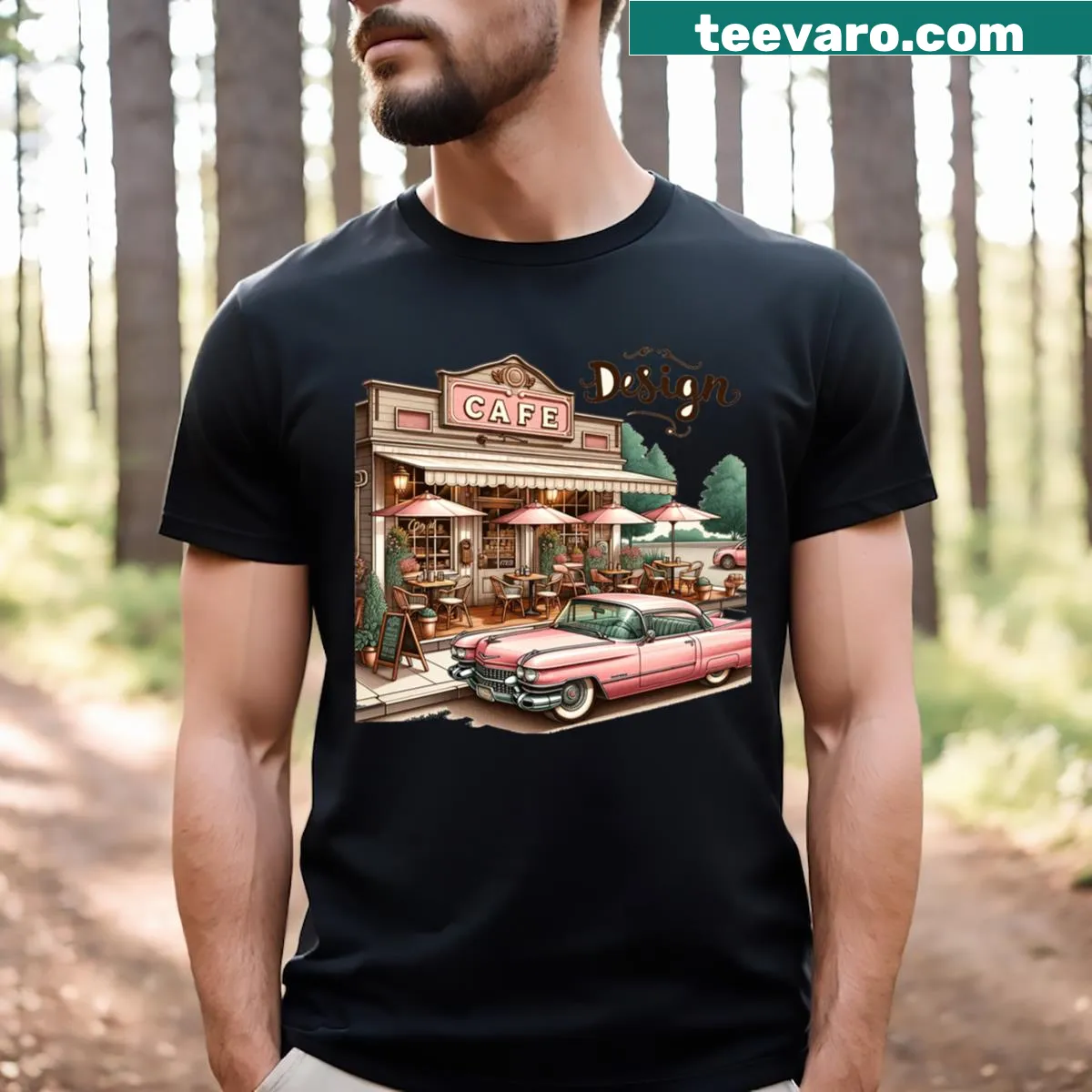Vintage illustration of a Cadillac parked at a café on a T-shirt. — on a men's t-shirt