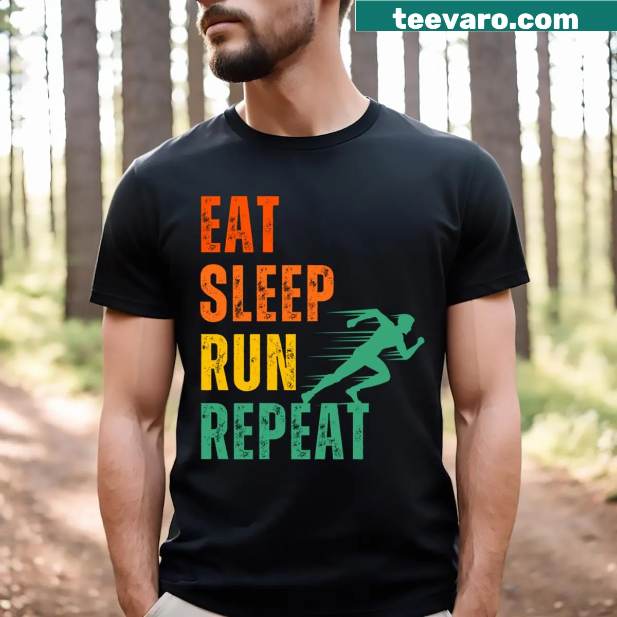 Funny vintage T-shirt with 'Eat Sleep Run Repeat' text and retro design. — on a men's t-shirt