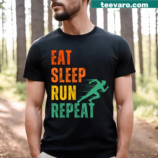 Humorous retro T-shirt with 'Eat Sleep Run Repeat' slogan for runners.