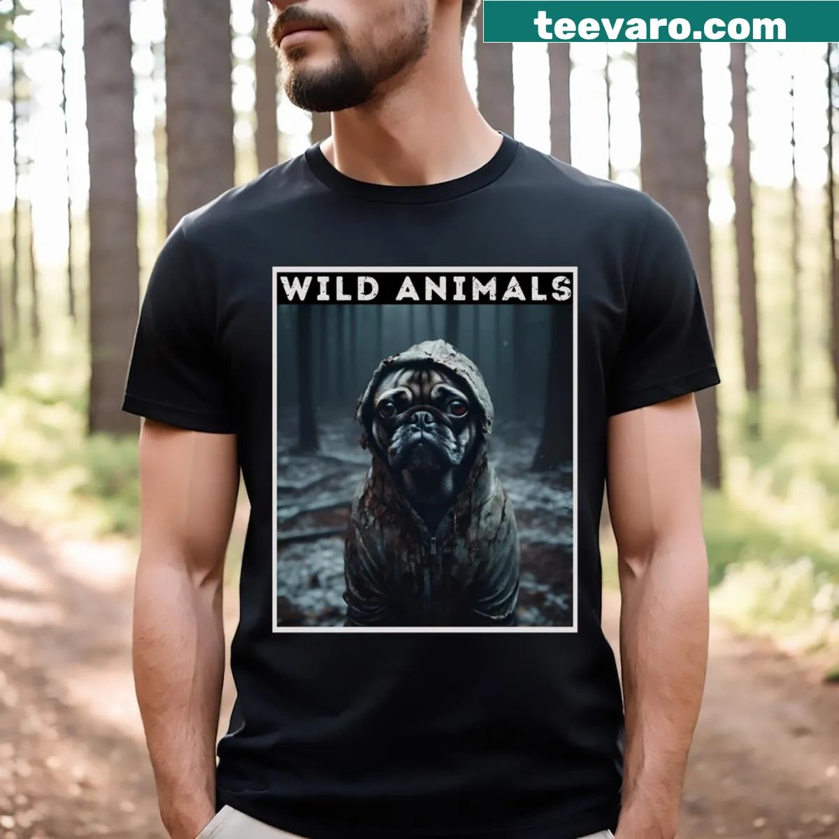 Playful dog graphic in a spooky forest on t-shirt — on a men's t-shirt