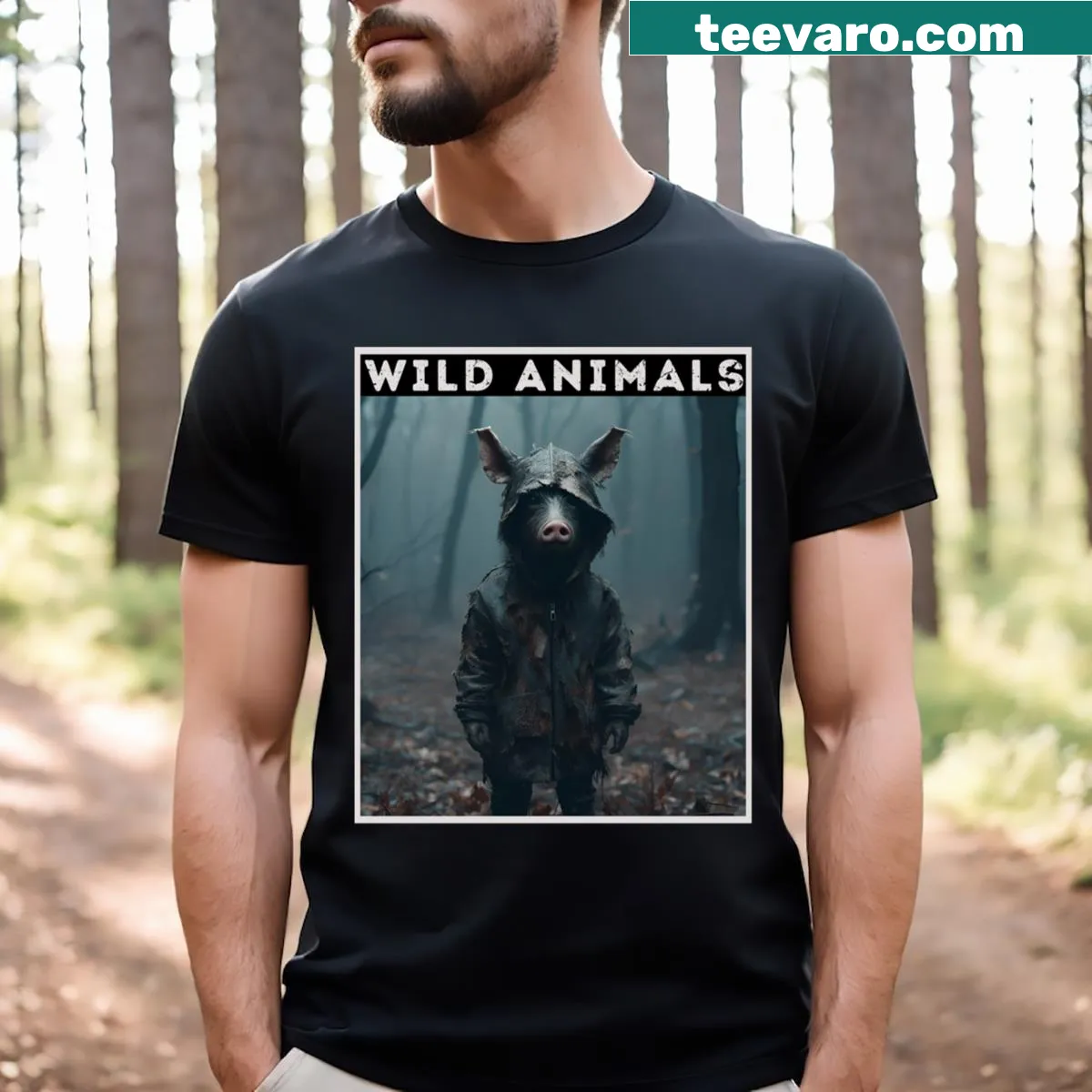 Illustration of a wild boar in a spooky forest on a t-shirt — on a men's t-shirt