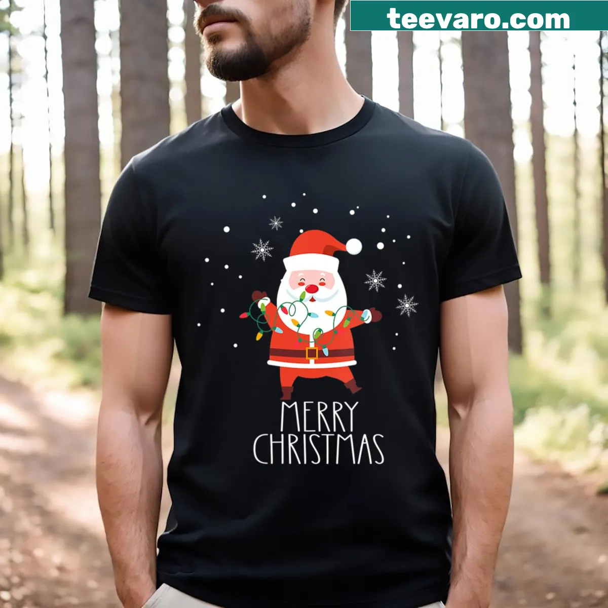 Cute Santa Claus tangled in Christmas lights on a v-neck tee — on a men's t-shirt