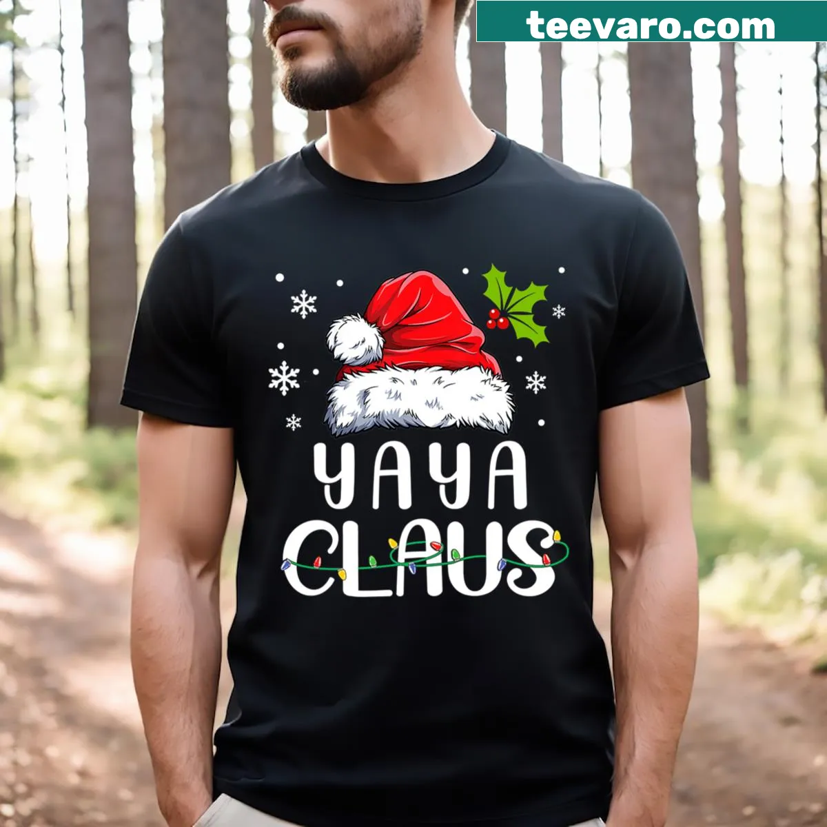 Matching family Christmas shirt with Yaya Claus and lights — on a men's t-shirt
