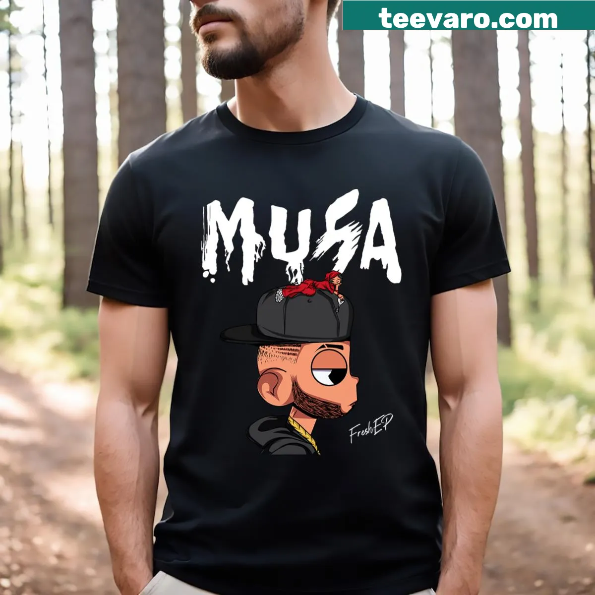 Cartoon design of Musa from Fresh EP on T-shirt — on a men's t-shirt