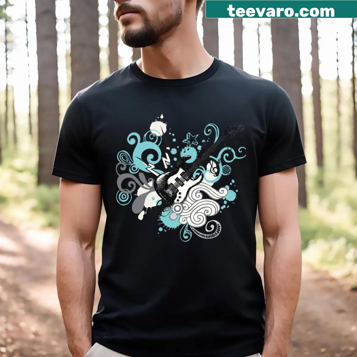 Illustrated guitar in black against a sky blue background on T-shirt — on a men's t-shirt