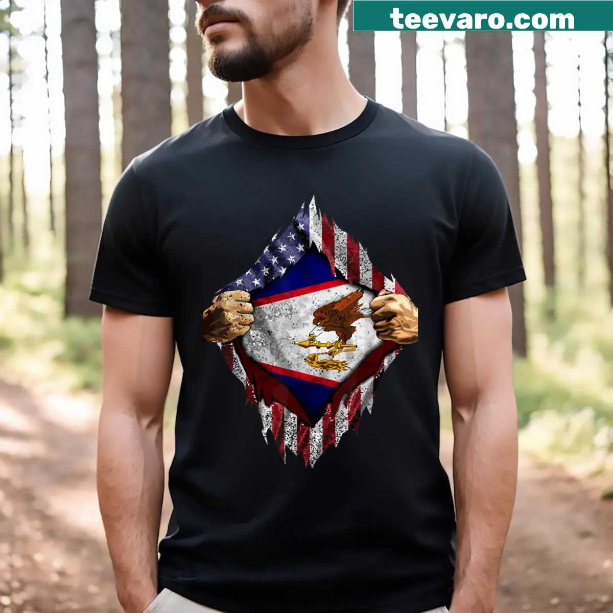 American Samoa flag and national park graphic T-shirt — on a men's t-shirt