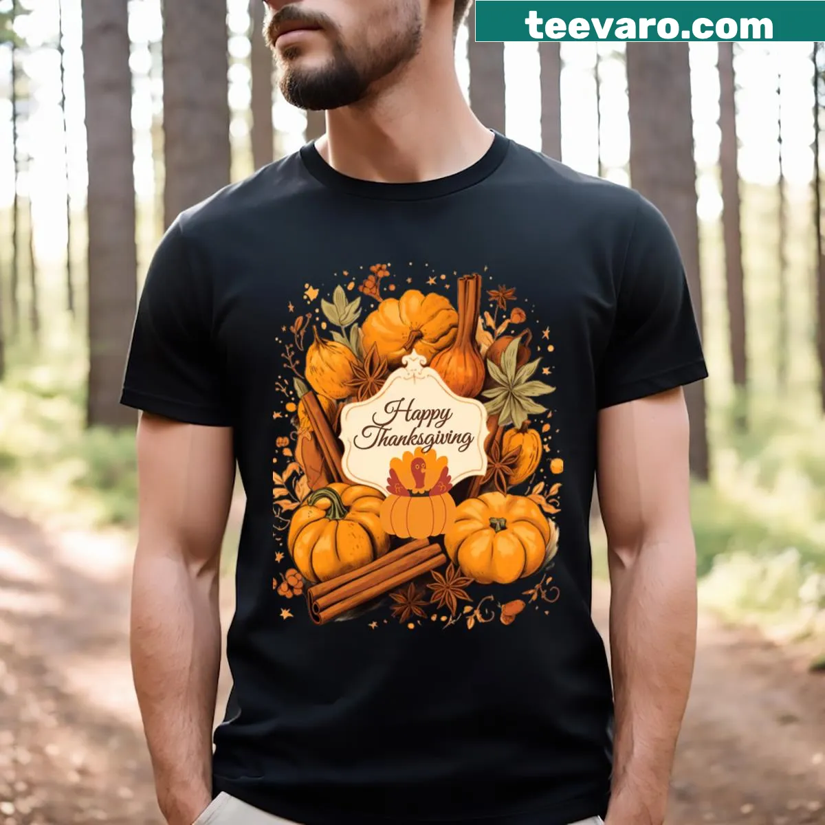Thanksgiving shirt with pumpkins and autumn leaves illustration — on a men's t-shirt