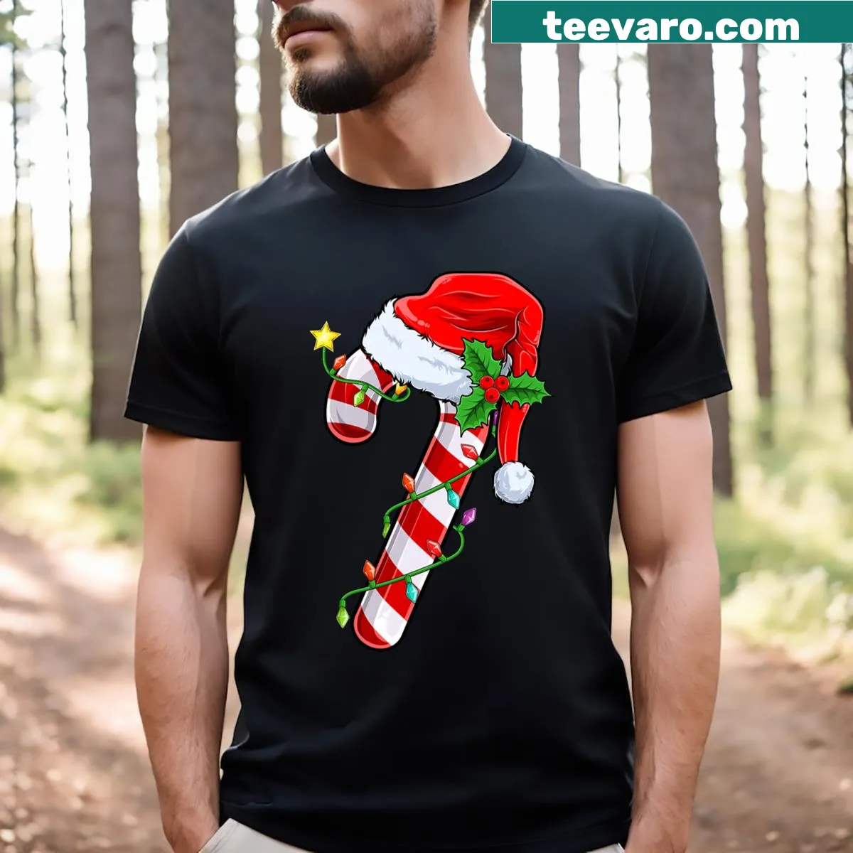 Kids Christmas T-shirt with Santa and candy cane illustration — on a men's t-shirt