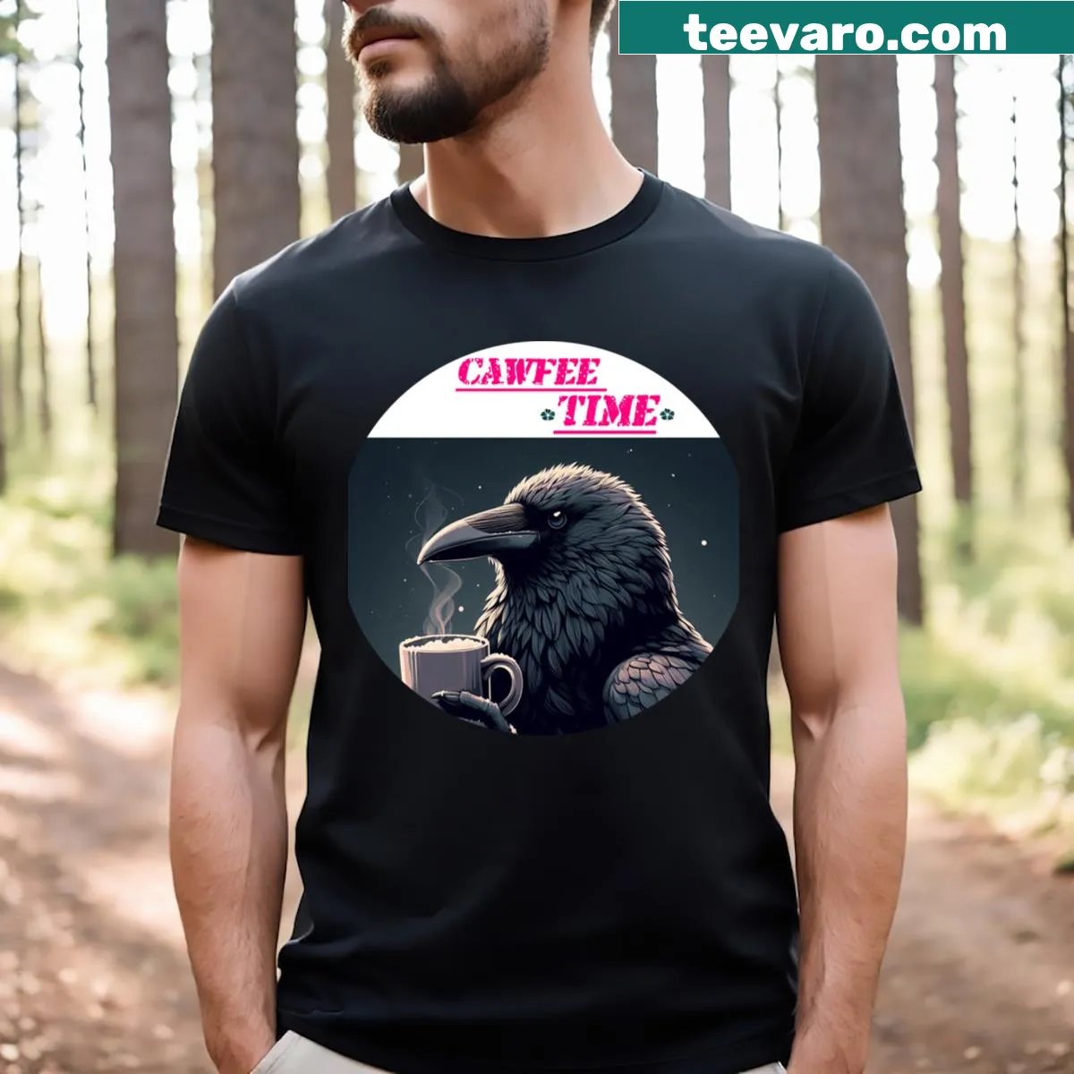 Funny coffee t-shirt with crow graphic and humorous text — on a men's t-shirt