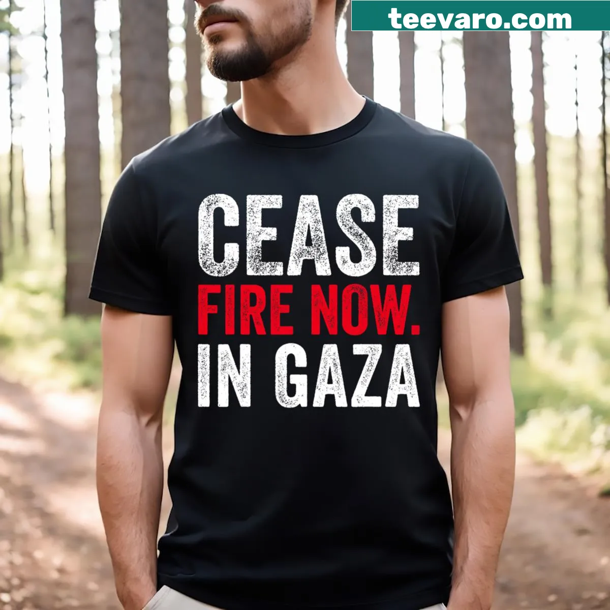 Bold typography T-shirt stating cease fire message — on a men's t-shirt