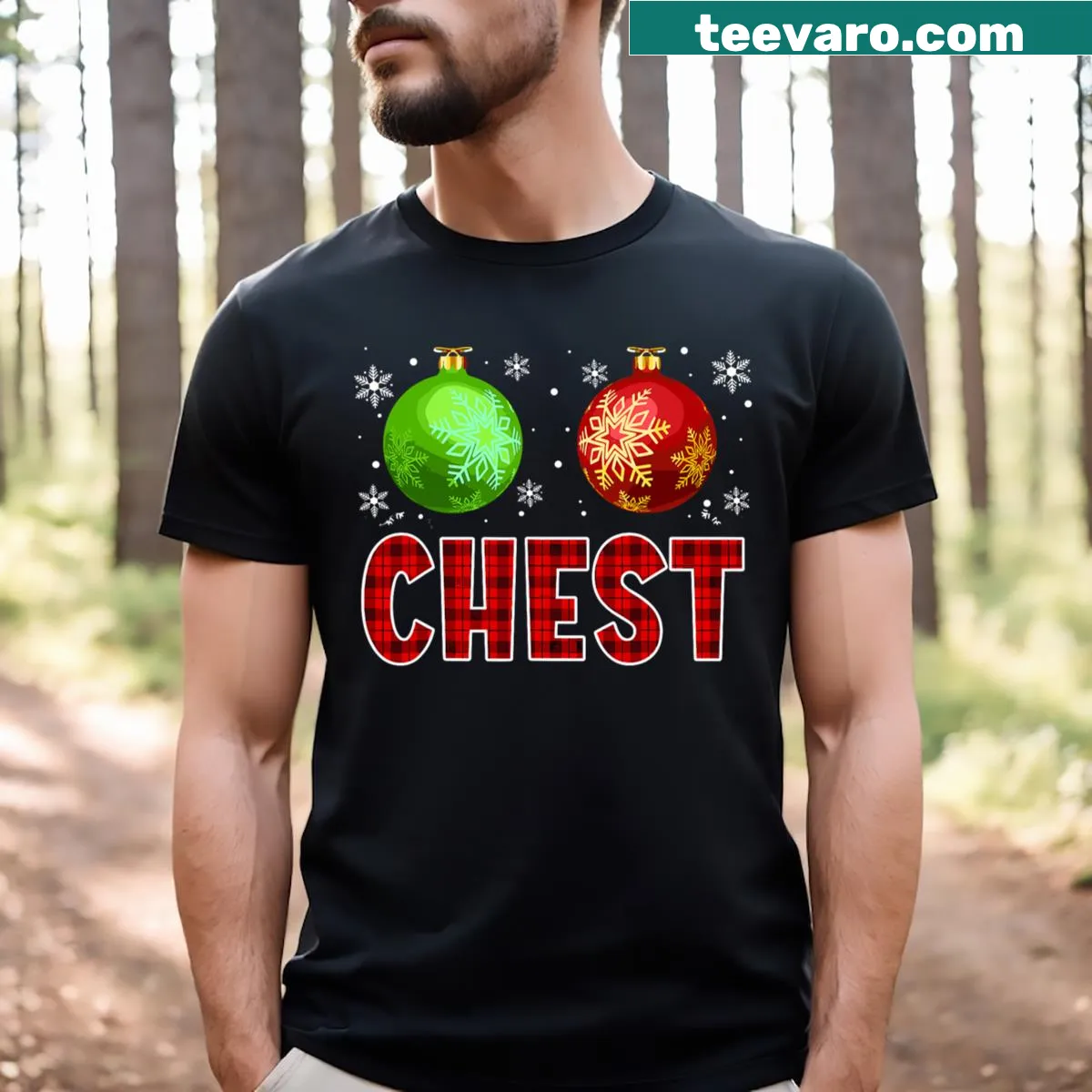 Matching couple Christmas t-shirts with humorous text — on a men's t-shirt