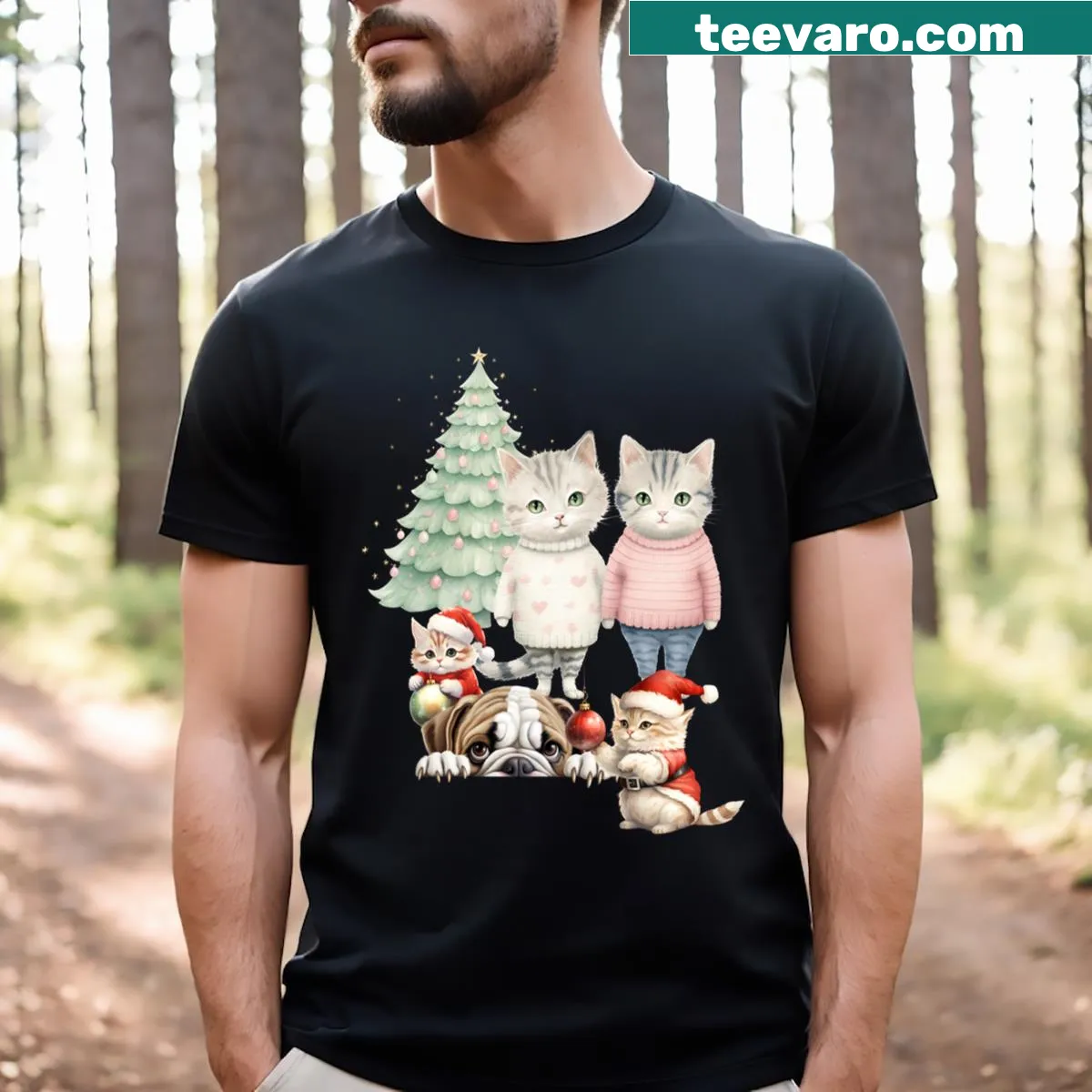 Cartoon cats in festive scenes on a Christmas-themed t-shirt — on a men's t-shirt