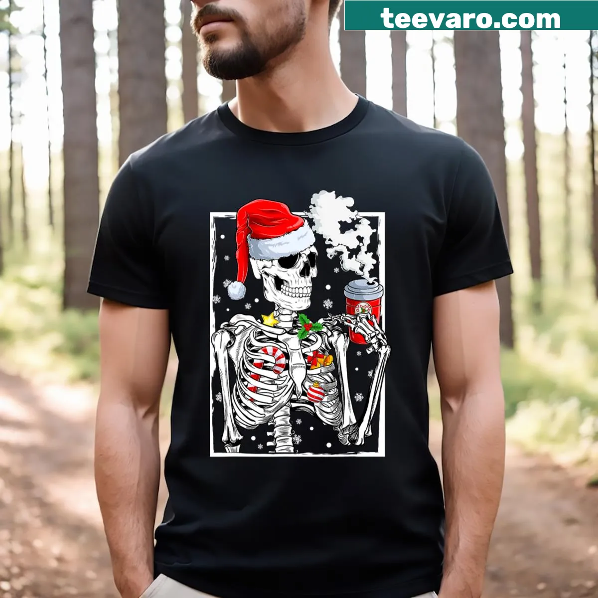 Cheerful skeleton drinking latte on a Christmas-themed t-shirt — on a men's t-shirt