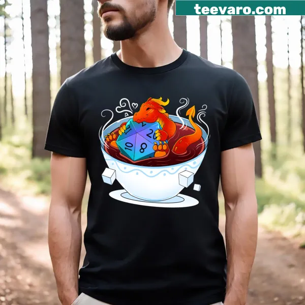 Whimsical dragon with coffee design on T-shirt