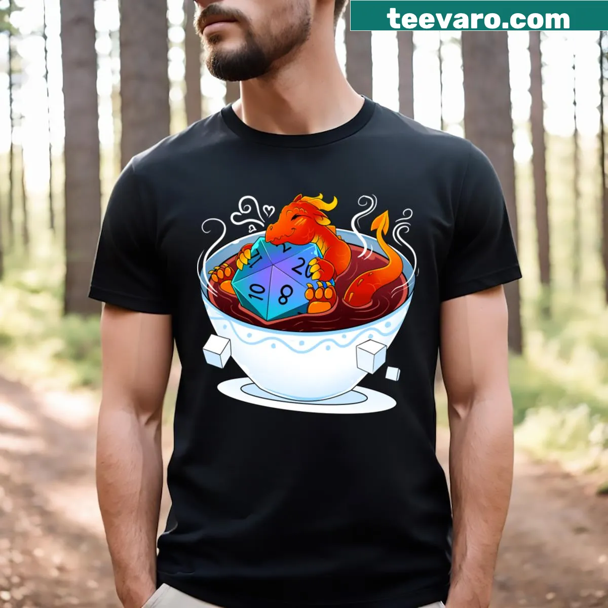 Whimsical dragon with coffee design on T-shirt — on a men's t-shirt