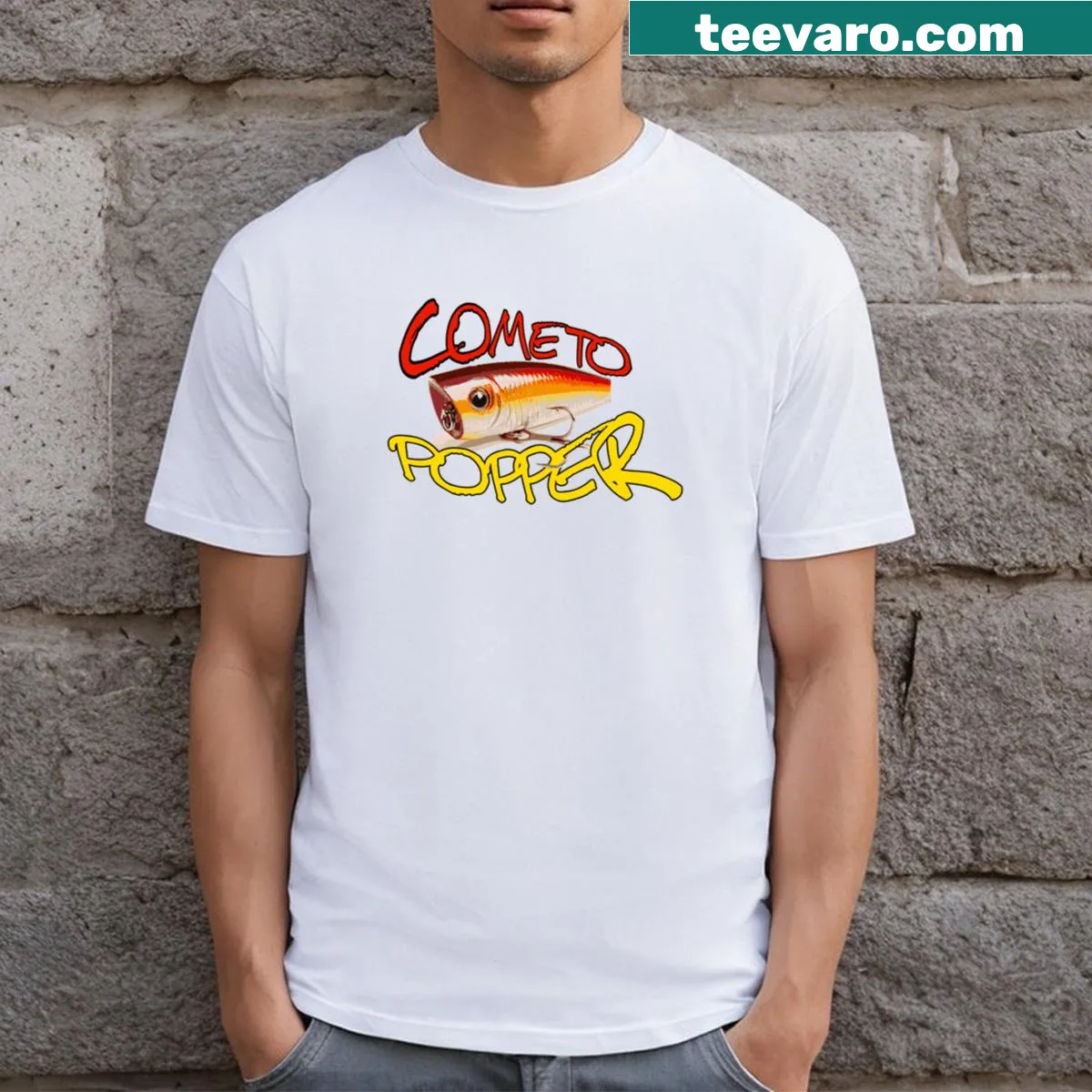 Funny fishing t-shirt with 'Come To Popper Lure' graphic — on a men's t-shirt