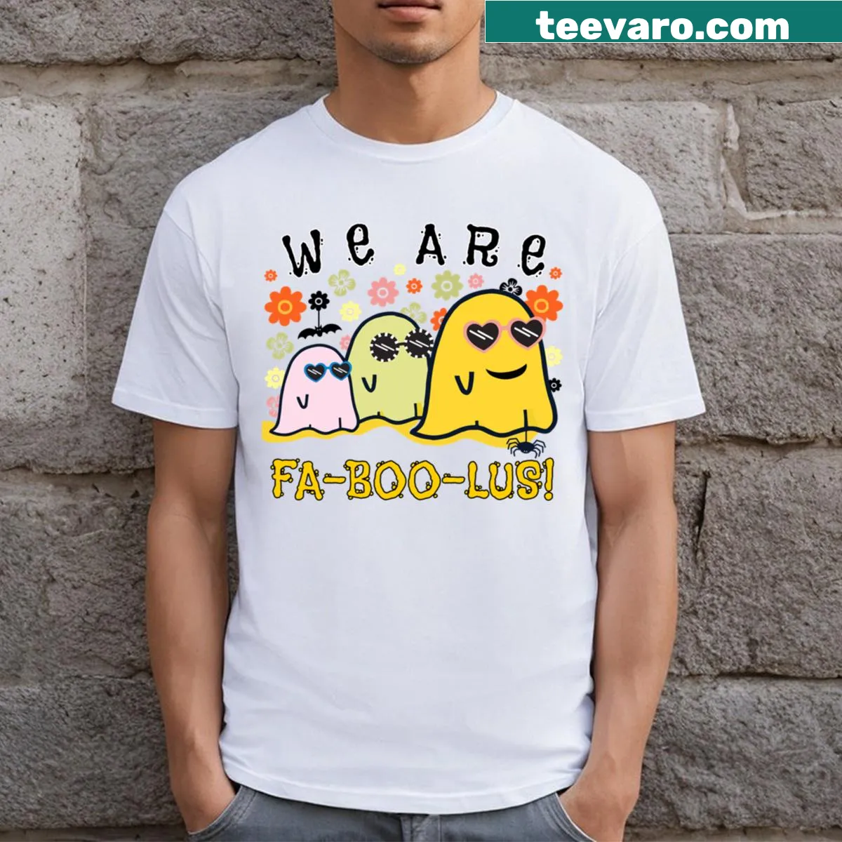 Funny ghost illustration with the phrase 'We Are Faboolus' on a t-shirt — on a men's t-shirt