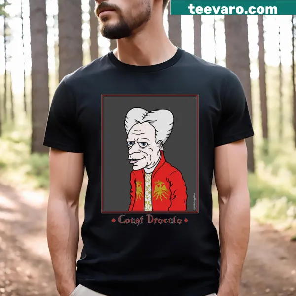 Whimsical illustration of Count Dracula as an old man on T-shirt.