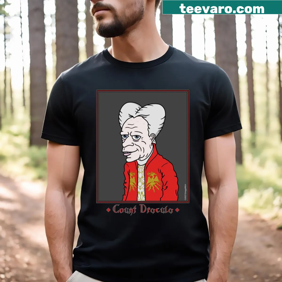 Whimsical illustration of Count Dracula as an old man on T-shirt. — on a men's t-shirt