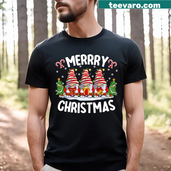 Family matching Christmas t-shirt with cute gnomes and lights