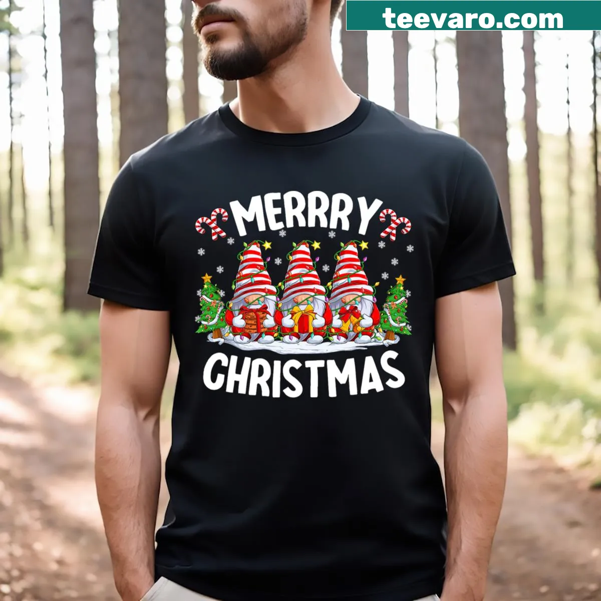 Family matching Christmas t-shirt with cute gnomes and lights — on a men's t-shirt