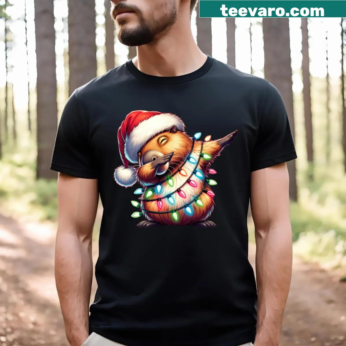 Dabbing Santa capybara with Christmas lights design — on a men's t-shirt
