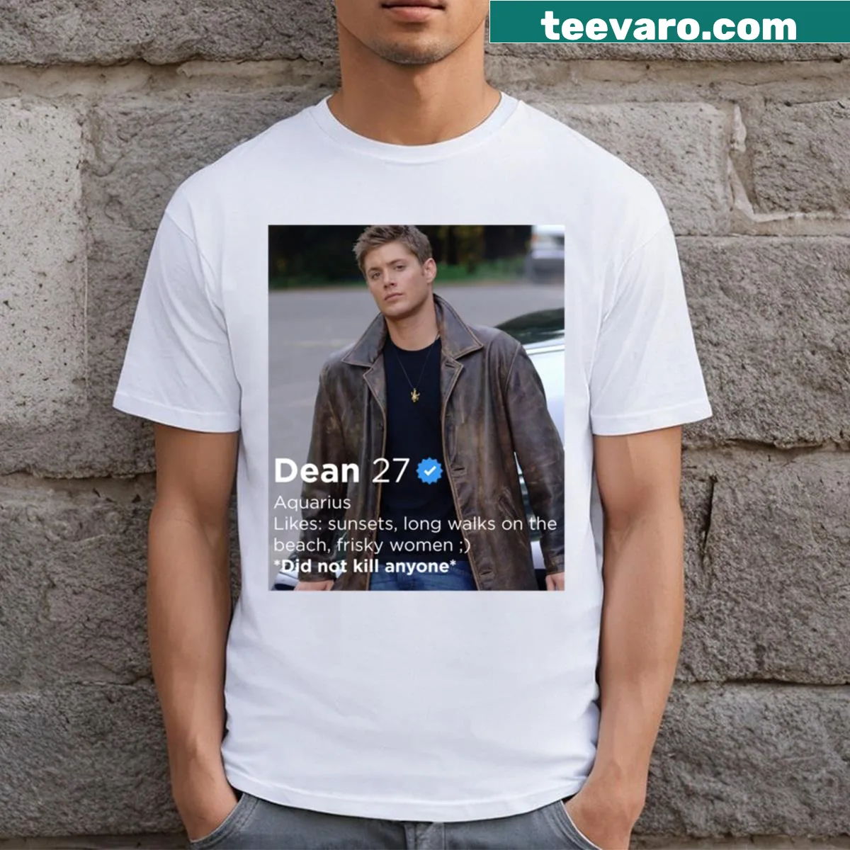 Dean Winchester dating profile graphic t-shirt — on a men's t-shirt