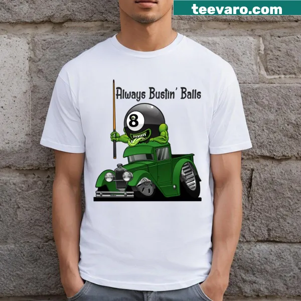 Cartoon 8 ball monster and hot rod truck design on a t-shirt
