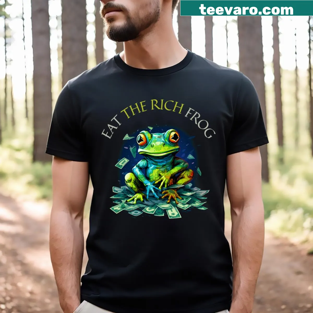 Funny T-shirt with frog illustration and humorous phrase — on a men's t-shirt