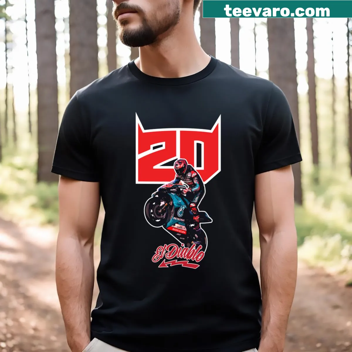 Fan art T-shirt featuring Fabio Quartararo in a racing theme — on a men's t-shirt