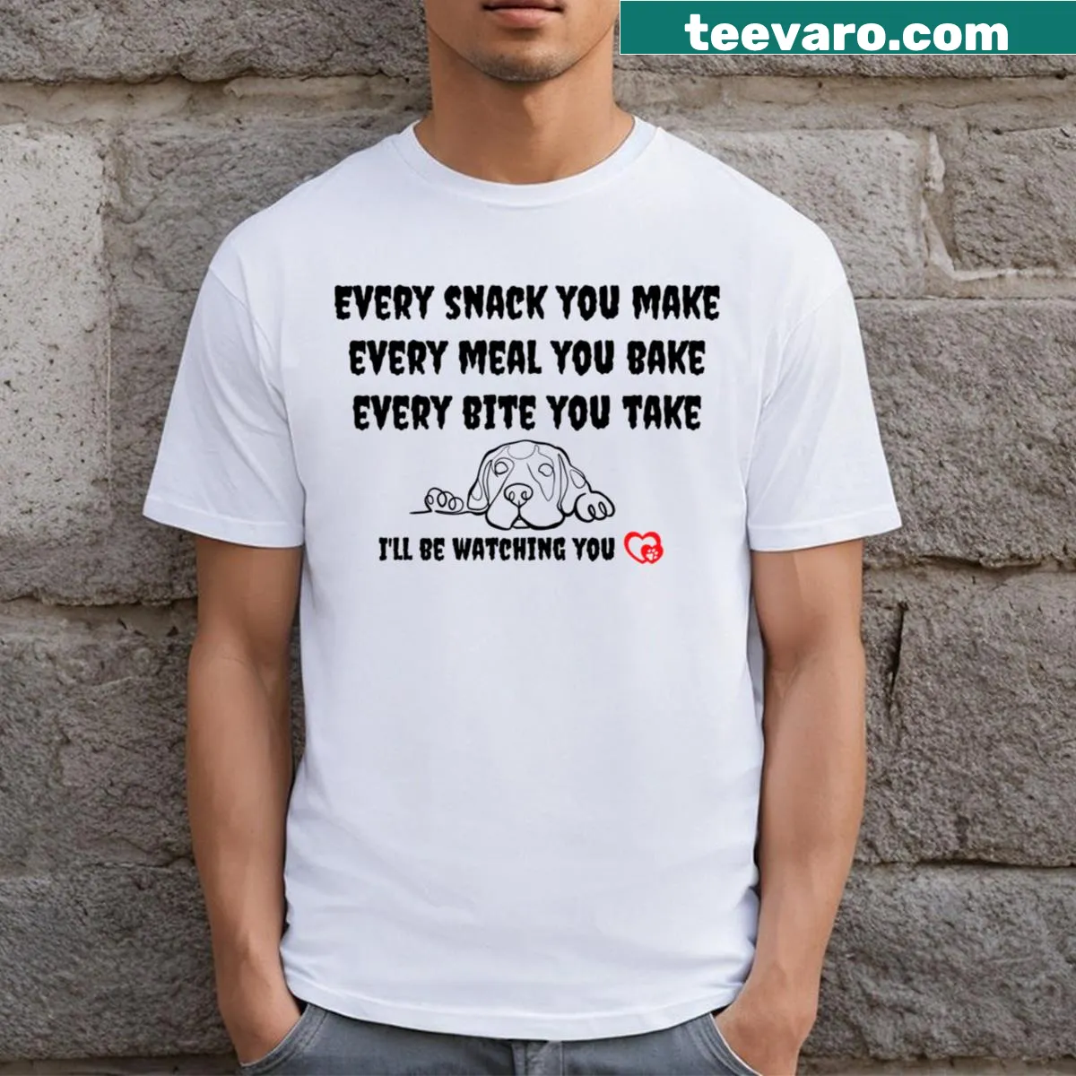 Funny dog T-shirt with humorous snack-related text — on a men's t-shirt
