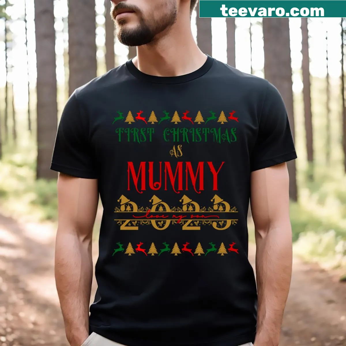 Sentimental T-shirt for new moms celebrating their first Christmas — on a men's t-shirt