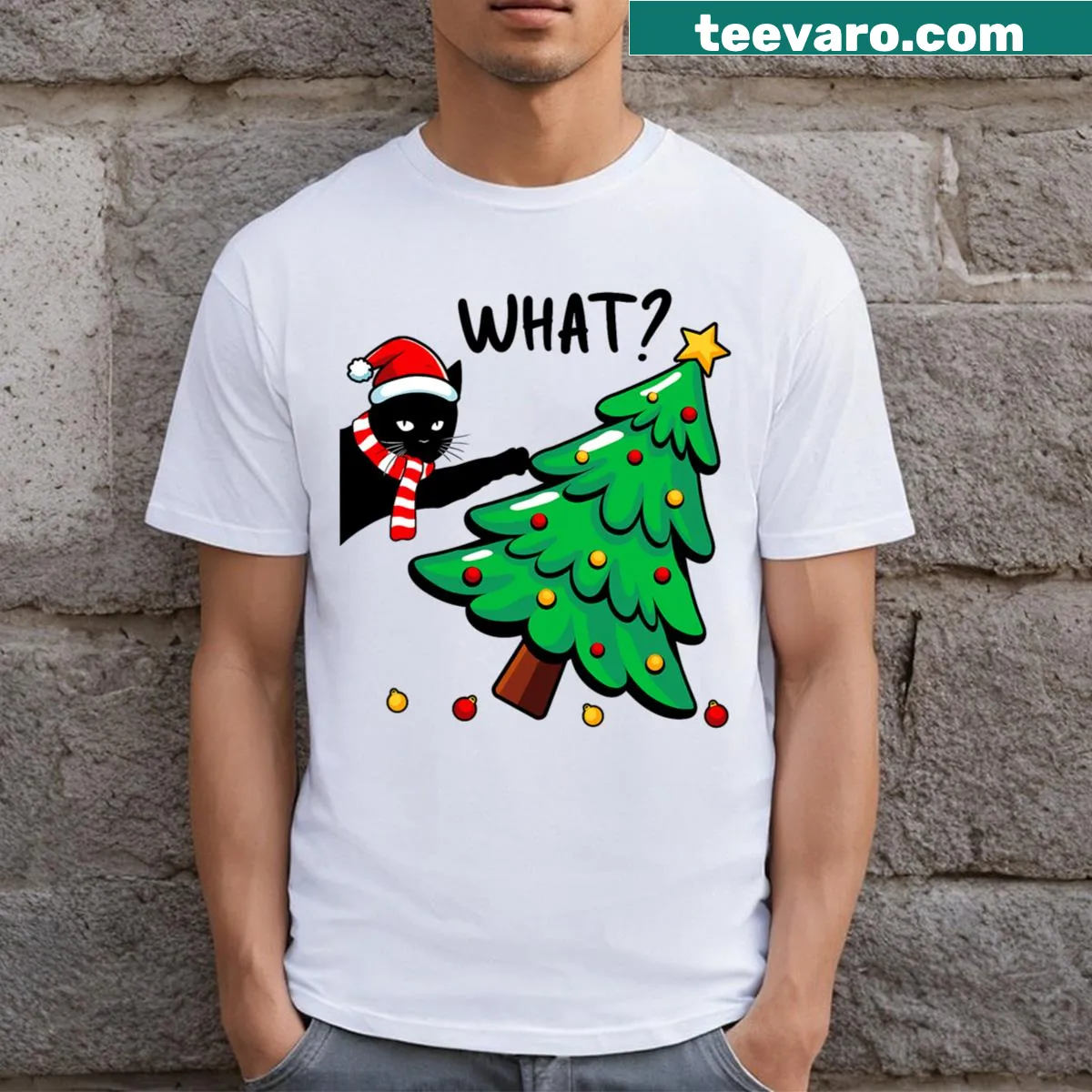 Funny Christmas t-shirt with a black cat and tree mishap — on a men's t-shirt
