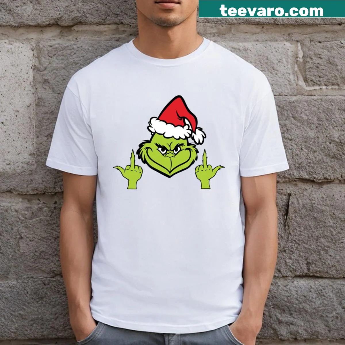 Grinch character showing middle finger in playful design — on a men's t-shirt