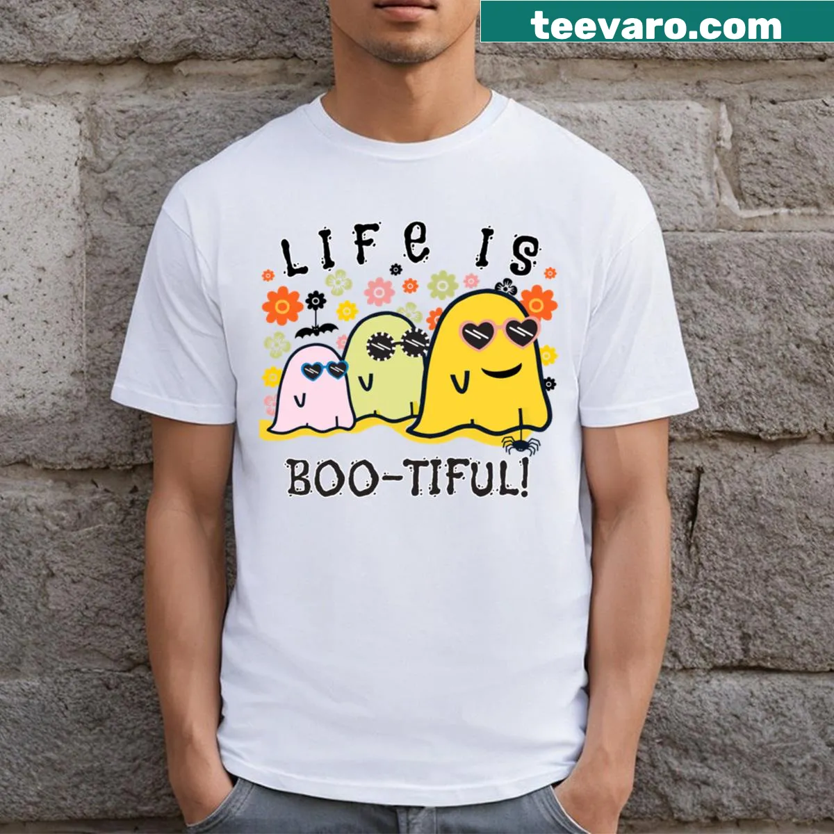 Cartoon ghosts with the phrase 'Life Is Bootiful' on a T-shirt — on a men's t-shirt