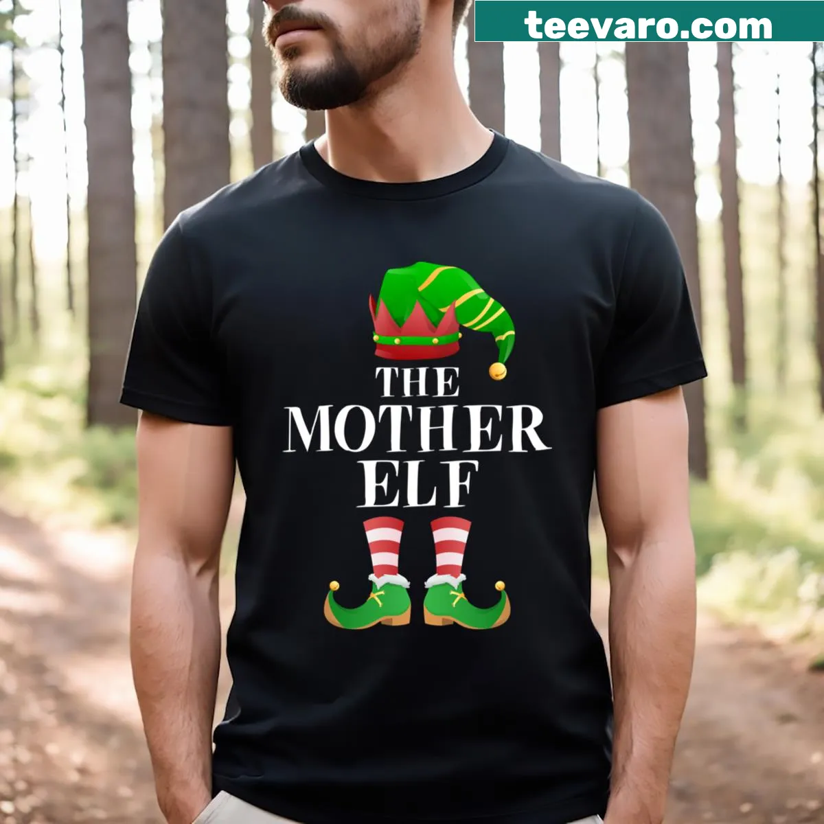 Mother Elf Christmas t-shirt with playful typography design — on a men's t-shirt