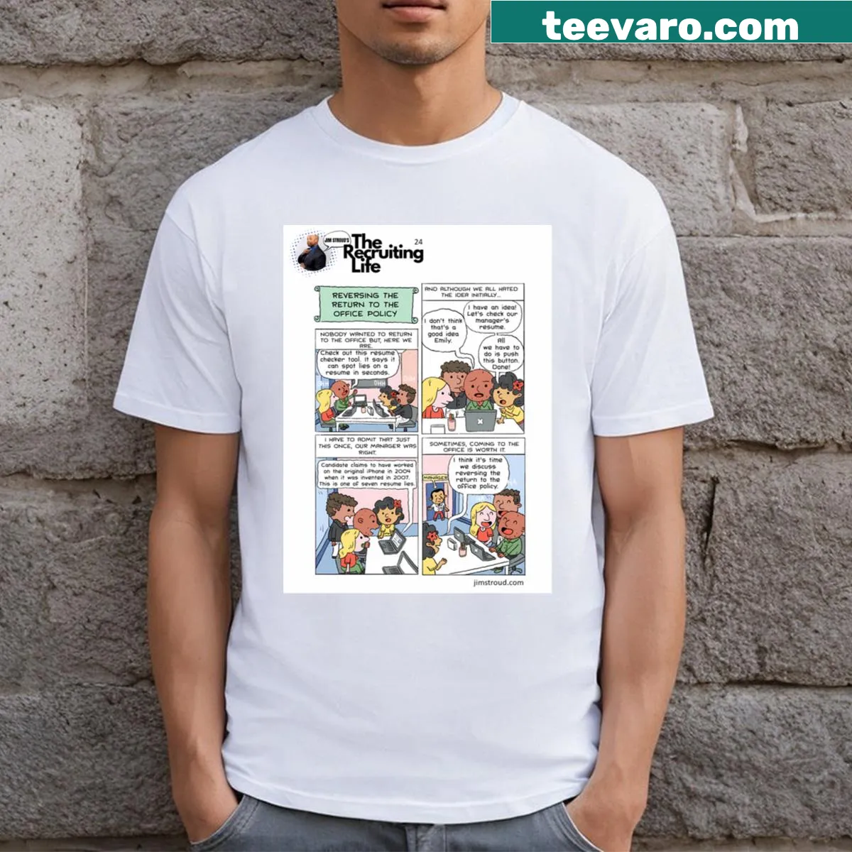 Funny Office Meeting t-shirt with humorous graphic — on a men's t-shirt