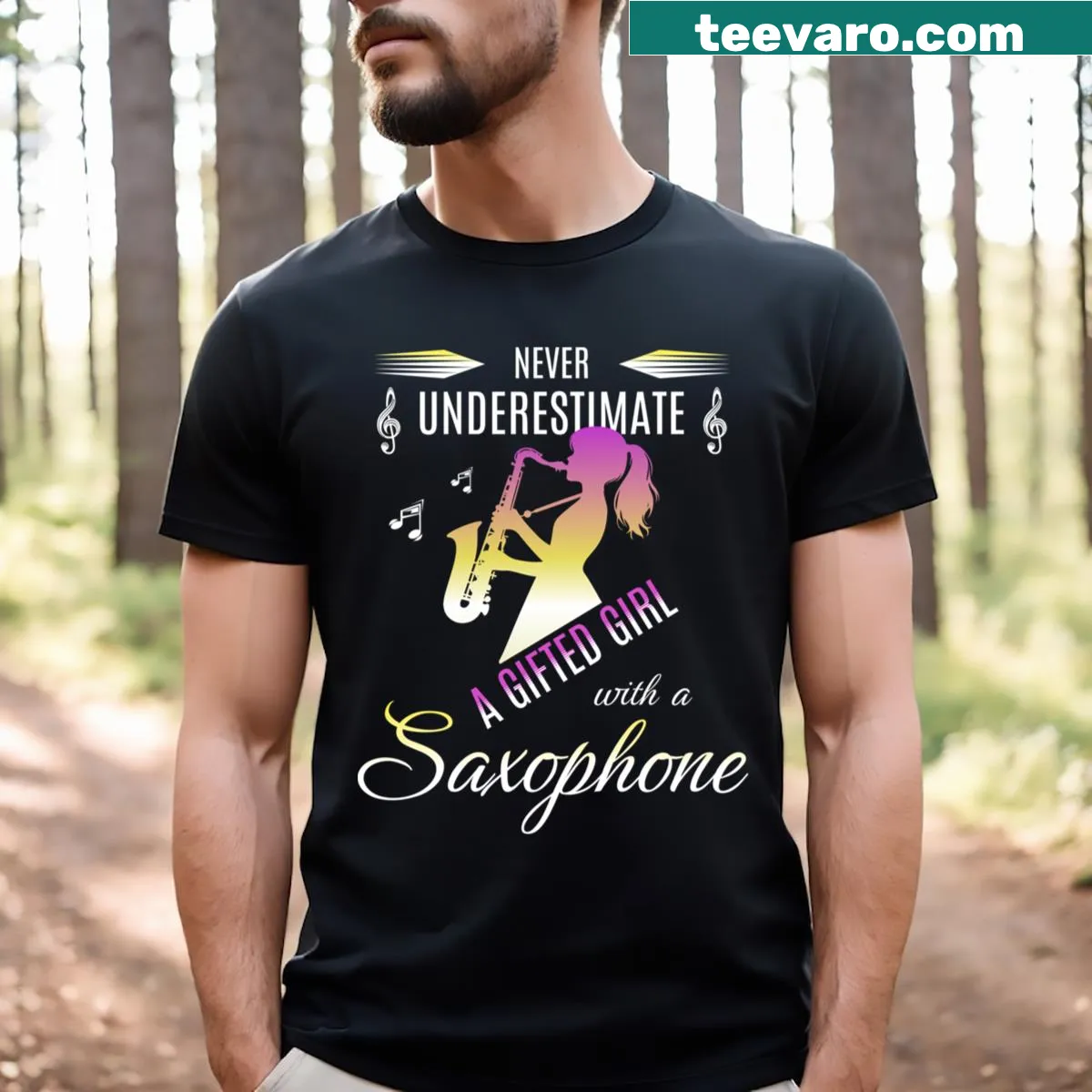 Funny saxophone player t-shirt with playful design — on a men's t-shirt