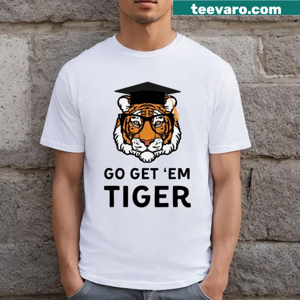 Cartoon tiger with glasses and graduation cap on t-shirt