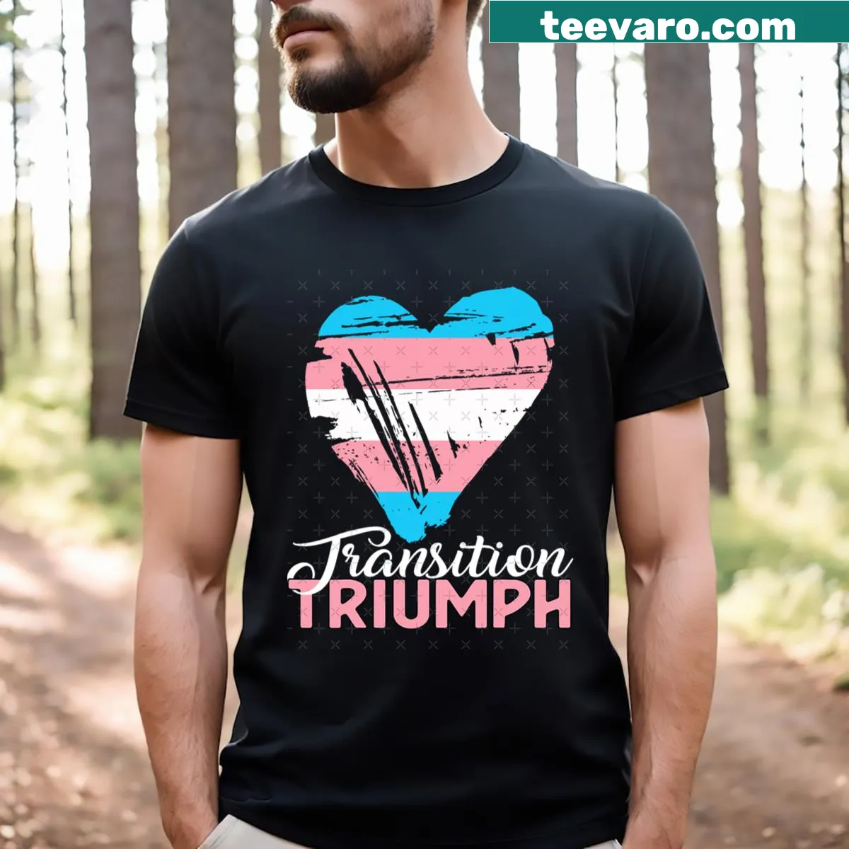 Text and pride flag design honoring transgender transition — on a men's t-shirt