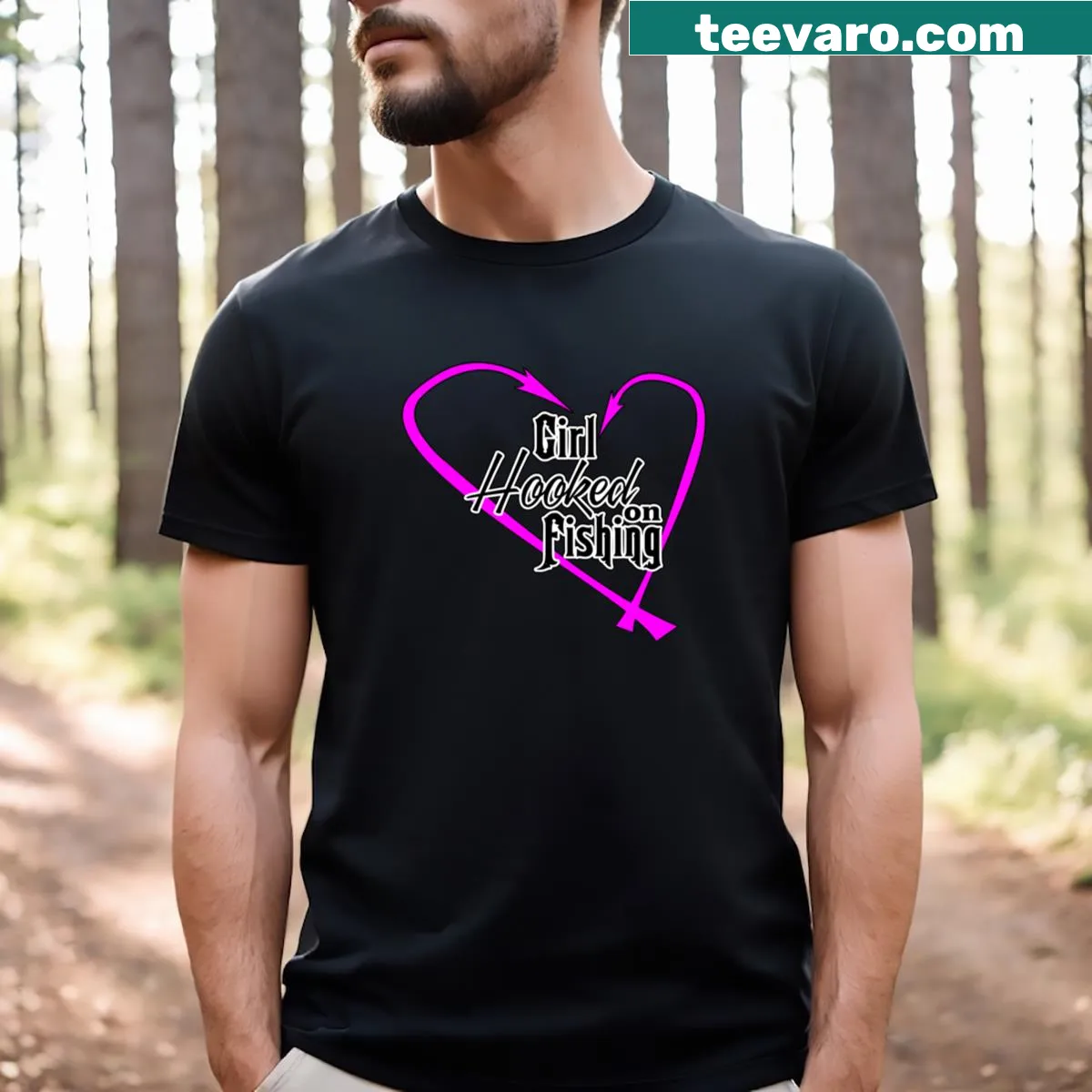 Illustrative t-shirt with a pink heart and fishing hooks — on a men's t-shirt