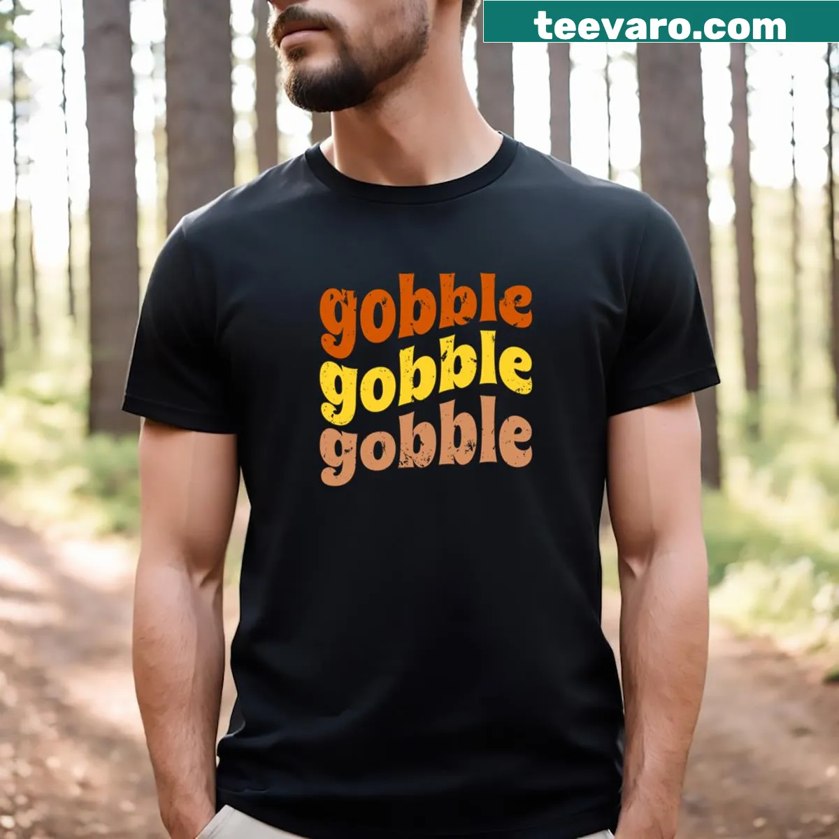 Grunge-style Thanksgiving T-shirt with Gobble text — on a men's t-shirt